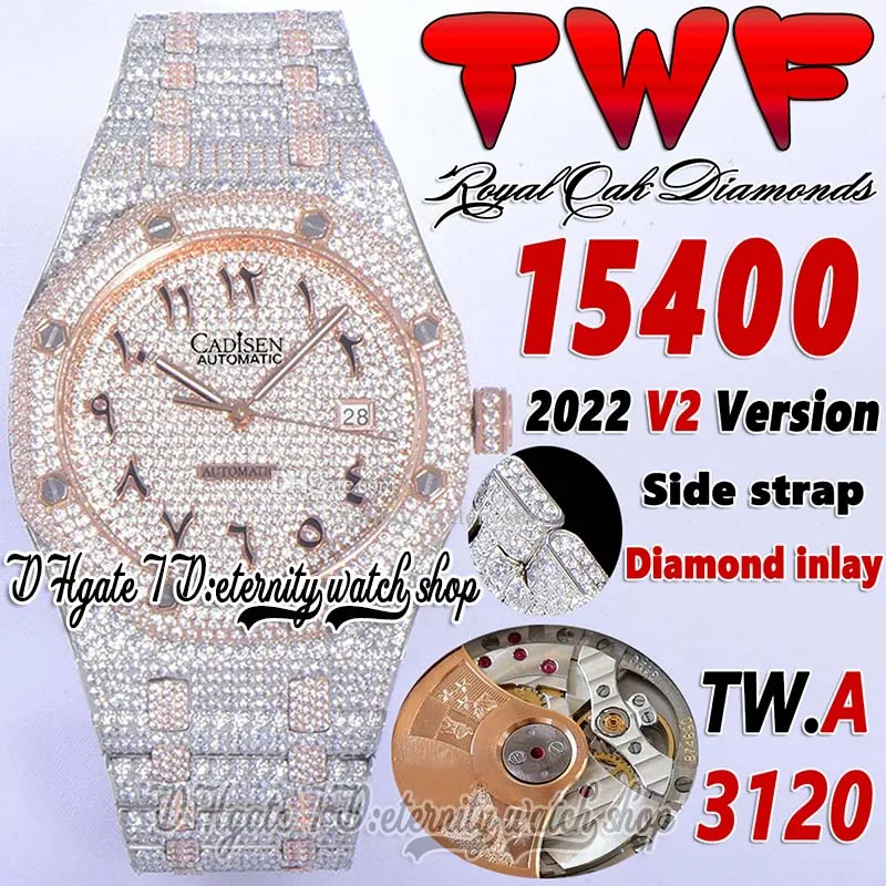 TWF V2 TWW15400 A3120 Automatisk herrklocka asfalterad diamant arabisk urtavla stål sida med helt isade diamanter Två tonarmband superutgåva Eternity smycken klockor