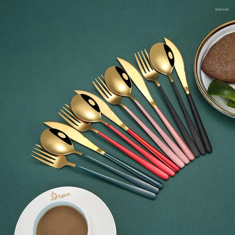Dinnerware Sets 3Pcs/set Black Gold Cutlery Set 18/10 Stainless Steel Silverware Flatware Dinner Knife Fork Spoon Drop