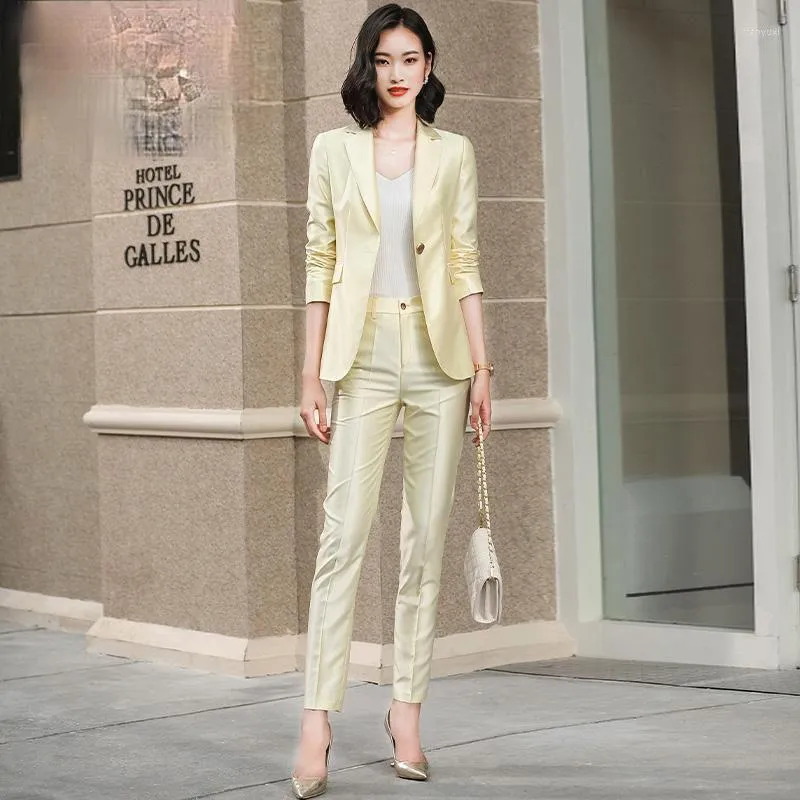 Pantalon de deux pièces Femmes 2022 Spring Fashion Satin sets Female Office Uniforme Ol Blazer Dames Slim pantalon Work Wear Suits Y220