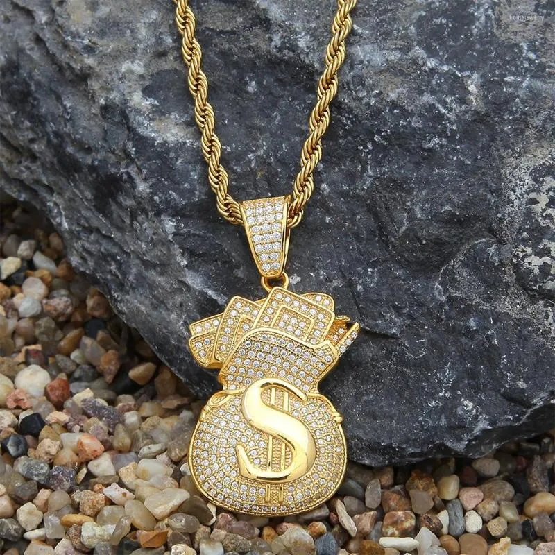 Pendant Necklaces Fashion Hip Hop Necklace Jewelry Classic US Dollar Money Bag With Stainless Steel Chain Bling Cubic Zircon Men's Gifts