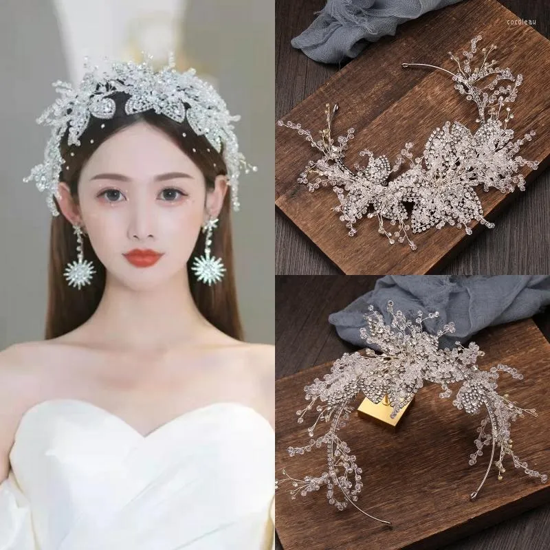 Fermagli per capelli Fascia per capelli di lusso color argento con foglie di cristallo Fascia per capelli tiara per le donne Sposa Strass Accessori da sposa da sposa Fascia per vite