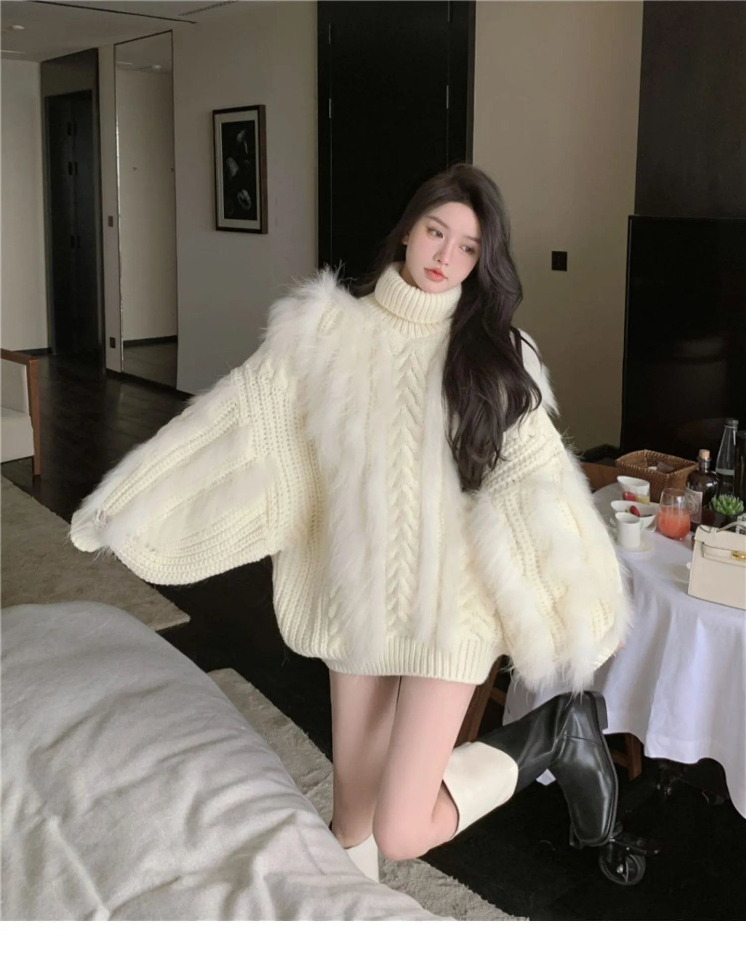 Cute Cozy Turtleneck Sweater: Fur Patched Knit Jumper for Women