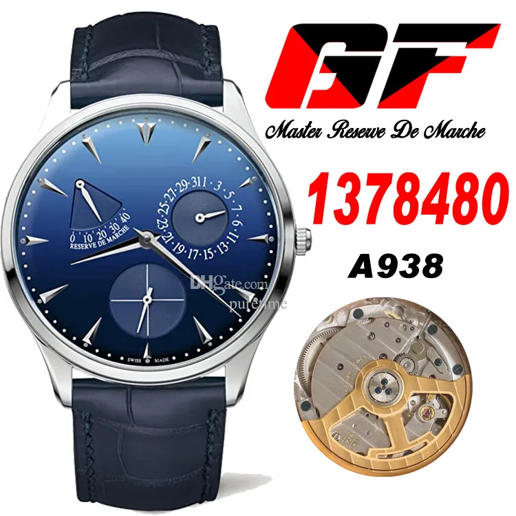 GF Master Ultra Dunne A938 Automatische heren Watch 1378480 Echte stroomreserve stalen kast blauwe stick Dial Leather Riem Super Edition horloges Puretime B2