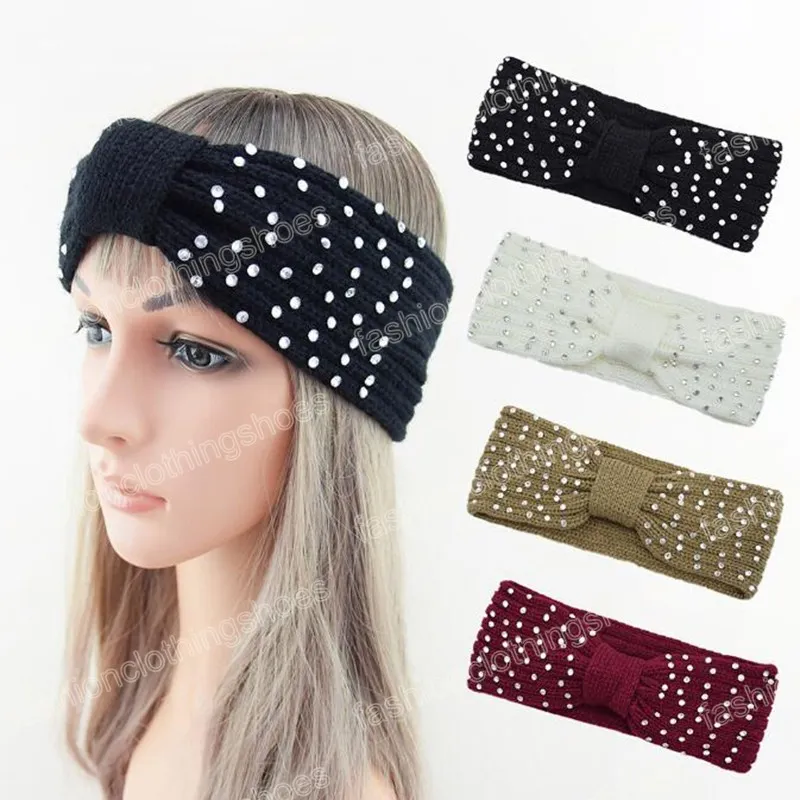 Mode Femmes Bandeau Centre Noeud Perles Strass Turban Hiver Chaud Tricoté Chapeaux Filles Cheveux Accessoires