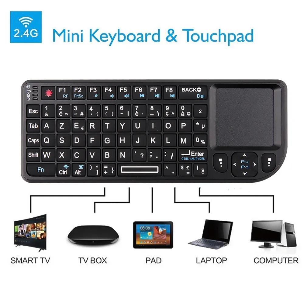 Keyboard Mini 2.4G RF bezprzewodowy hiszpański francuski Rosyjski angielski podświetlenie myszy na PC Notebook Smart TV Box 221012