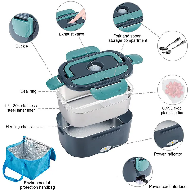 Electric Lunch Box with Insulated Lunch Bag ,Heated Lunch Box for Car Office School Home Use with Forks & Spoon,1.5L Removable 304 Stainless Steel