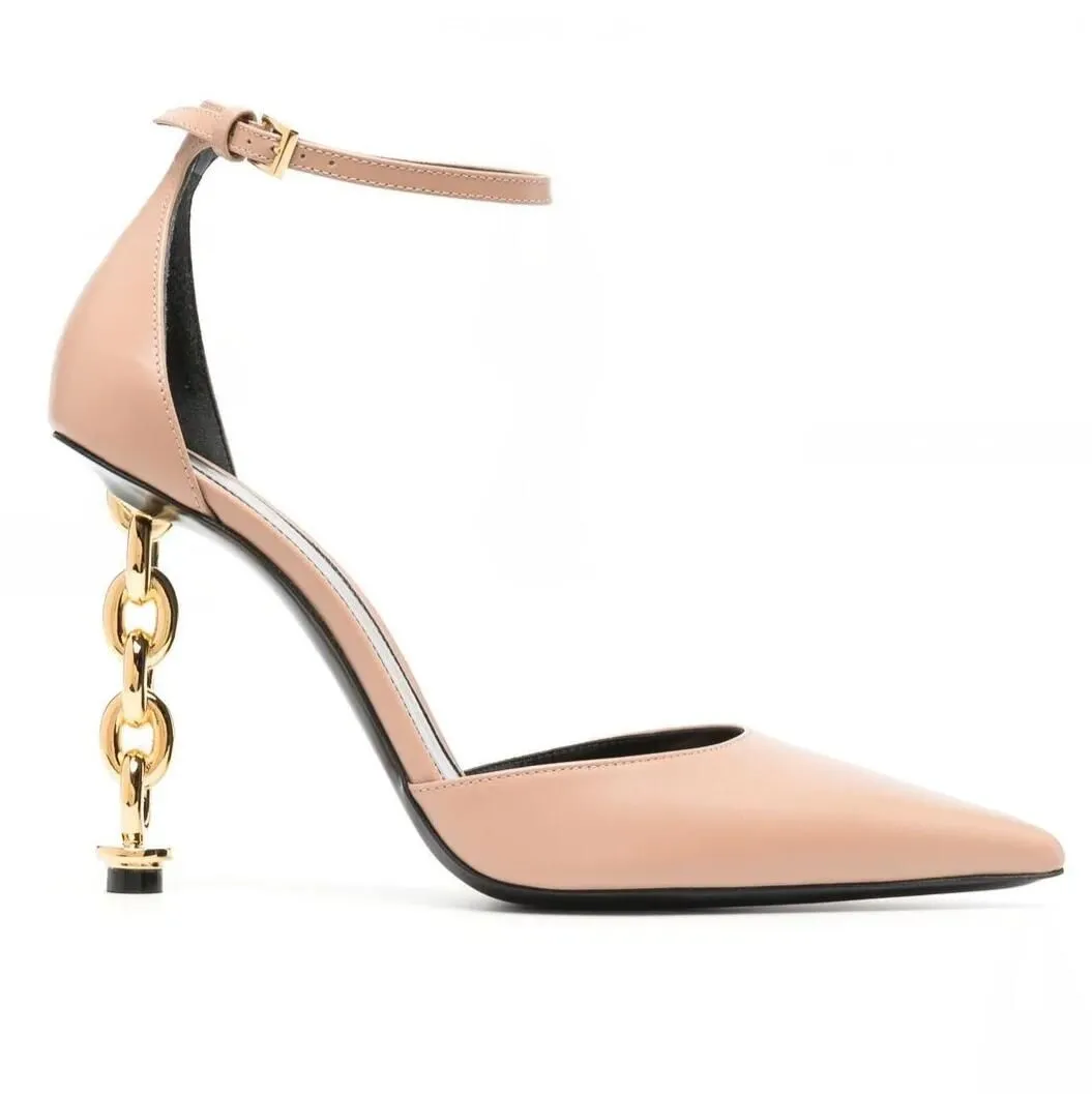 Marchio elegante con D'Orsay Sandali Scarpe Lucchetto Intagliato Oro Catena Tacchi Donna Sexy Tacchi alti Pelle di vitello