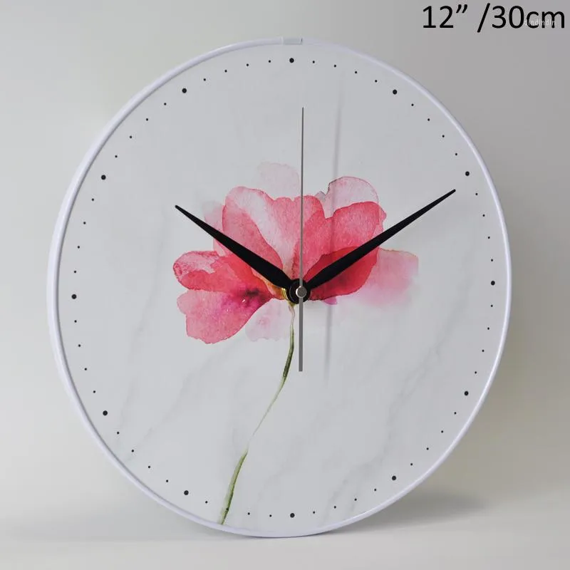 壁時計白いピンクの花30cm丸MDF時計モーダーン12インチ片面家の装飾静かなクォーツハンギング大理石のアクセント