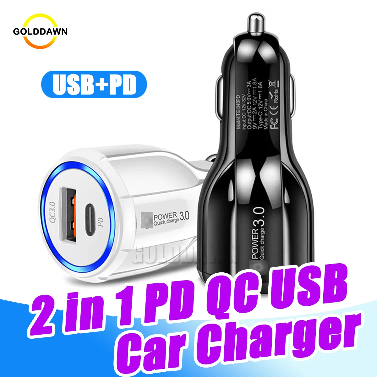 PD USB Car Actrgers QC3.0 Auto Power Adapter Charge Charge Dual Ports Charger Fast Form