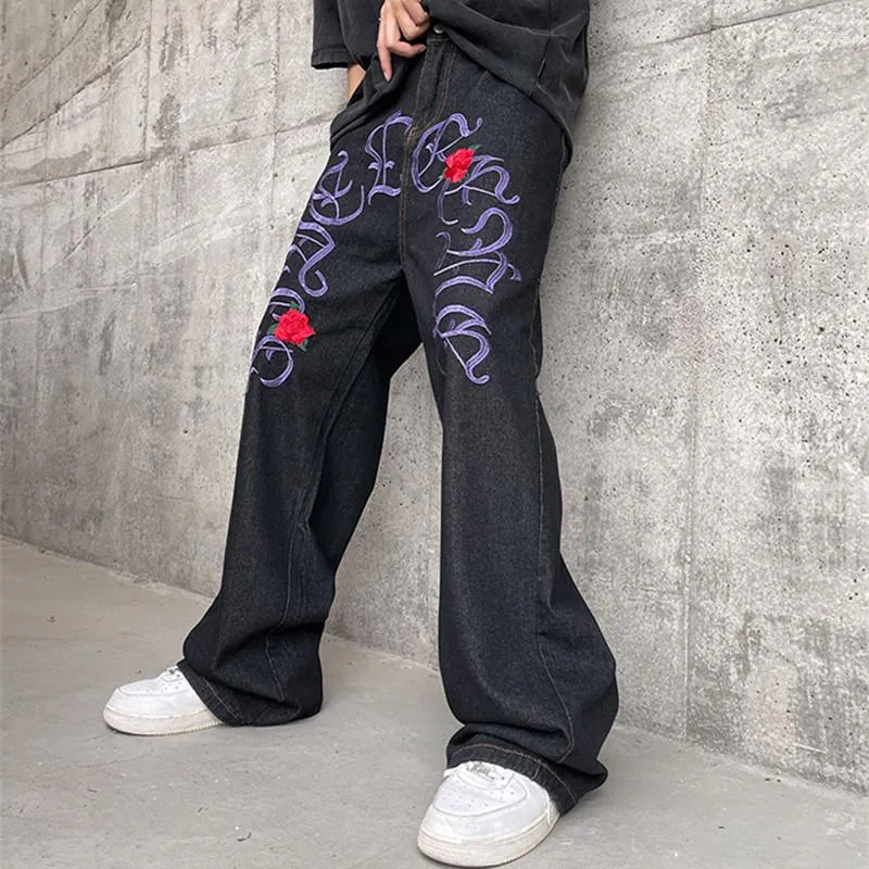 Y2K Baggy Jeans Men - Rose Embroidery, Black Hip Hop Denim Pants
