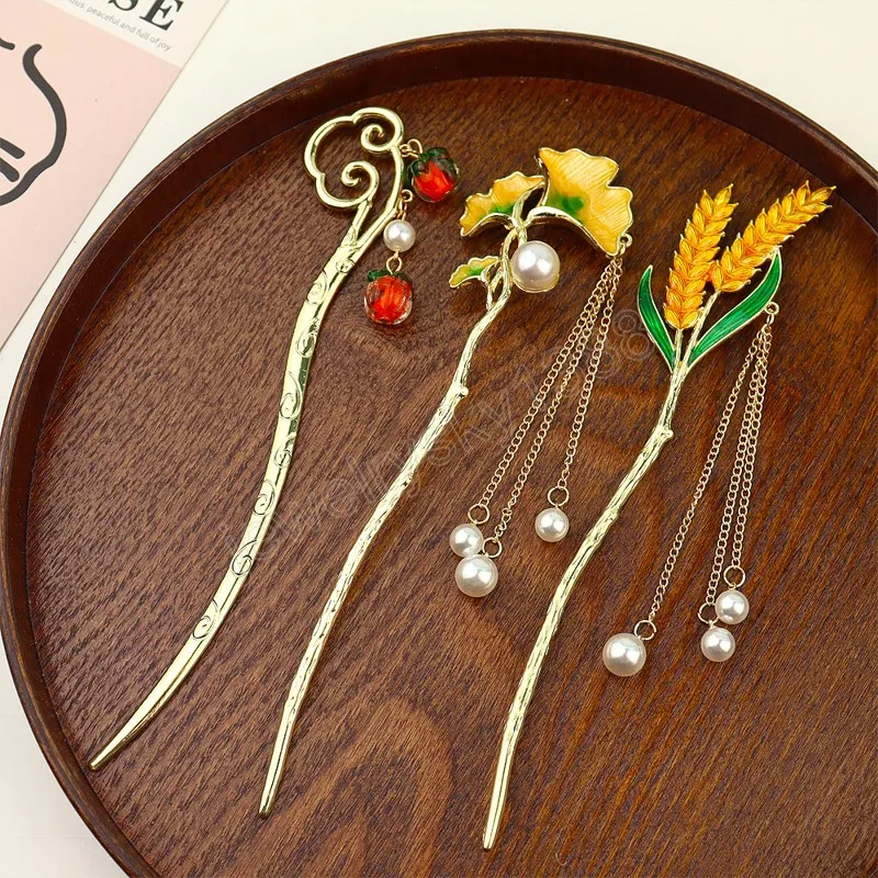 Épingle à cheveux en alliage chinois Vintage papillon fleur perle gland bâtons de cheveux pour les femmes épingles à cheveux de mariage accessoire de bijoux de cheveux