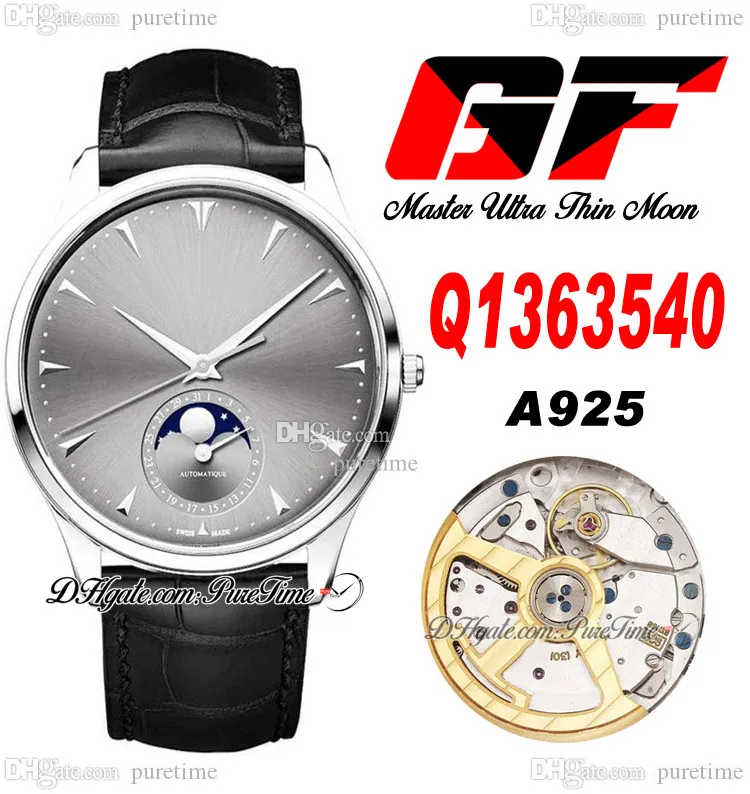 GF Master Ultra Thin A925 Orologio da uomo automatico Q1363540 Moon Phase Changes Mensile 39mm Cassa in acciaio Quadrante grigio Cinturino in pelle nera Orologi Super Edition Puretime C3