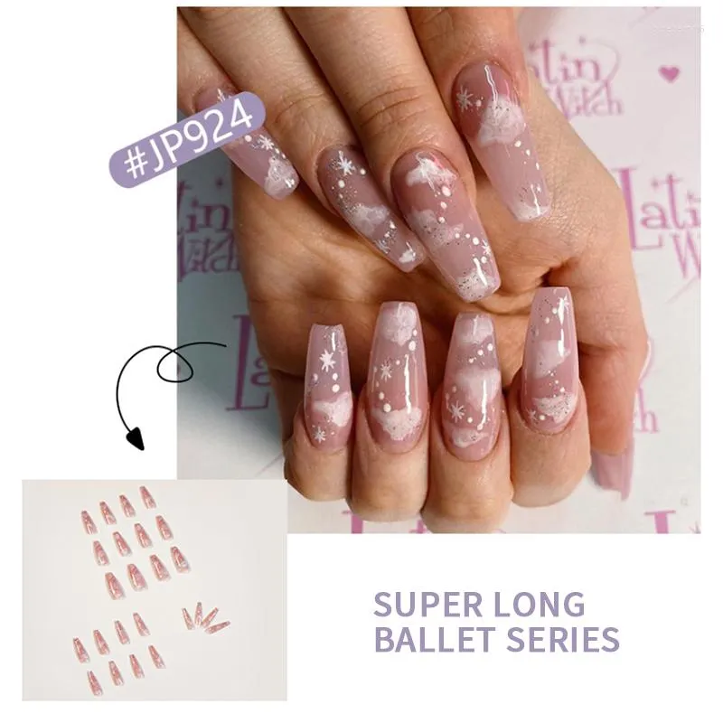 False Nails 24pcs Cloud Color Transparent White Star Glitter Manicure Patch Fake Long Fingernail Extension Removable Nail