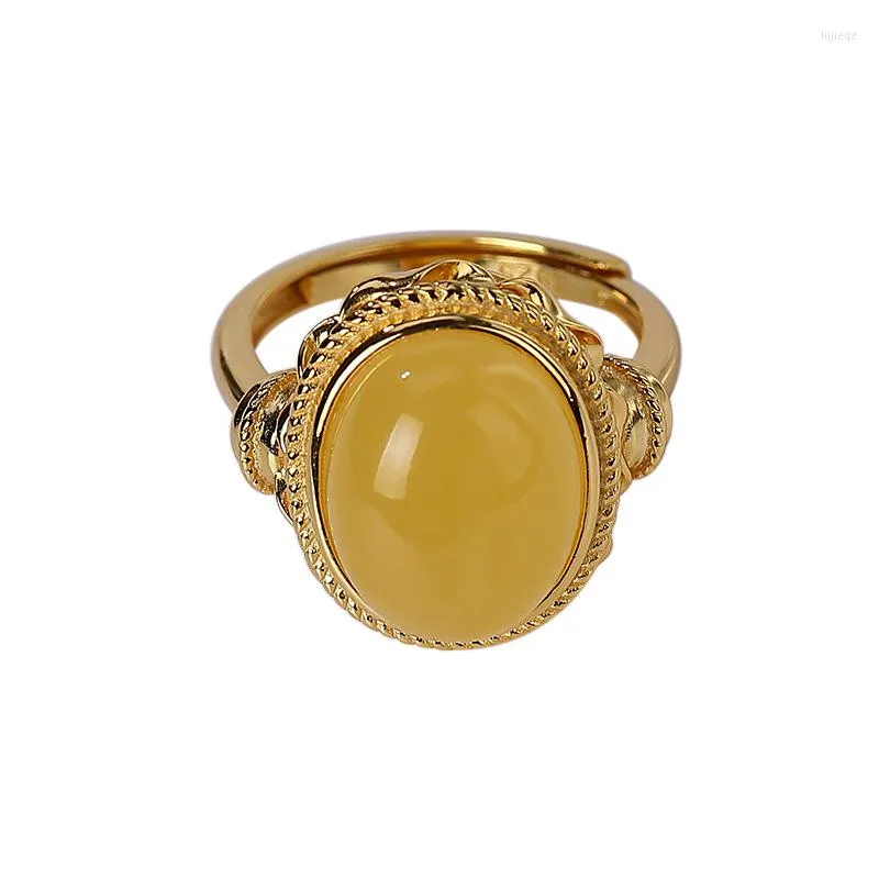 Cluster Rings 925 Sterling Silver Gold Plated Natural Amber Beeswax Ring Personality Affordable Luxury Fashion Egg Noodles Women's Open