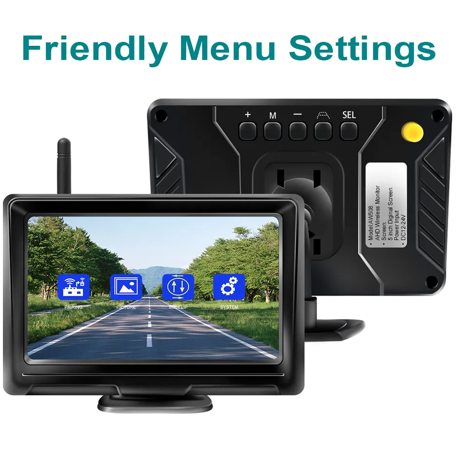 1080P sans fil IPS 5 pouces moniteur de voiture vue arrière caméra de recul Kit de conduite avec Signal numérique Stable stationnement automatique