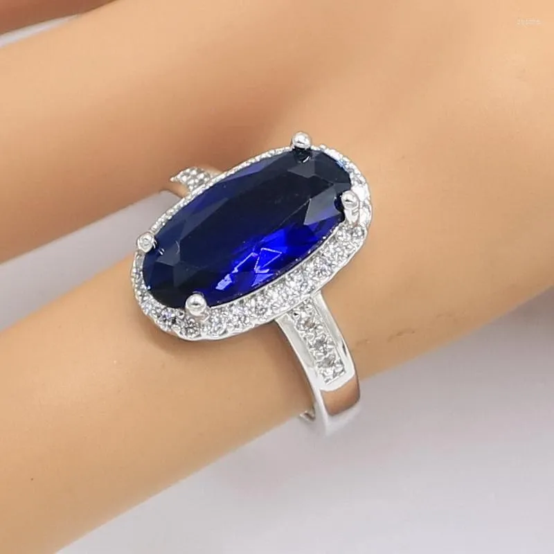 Wedding Rings Oval Blue Semi-precious Silver Color Ring For Women Anniversary Party Jewelry Birthday Gift