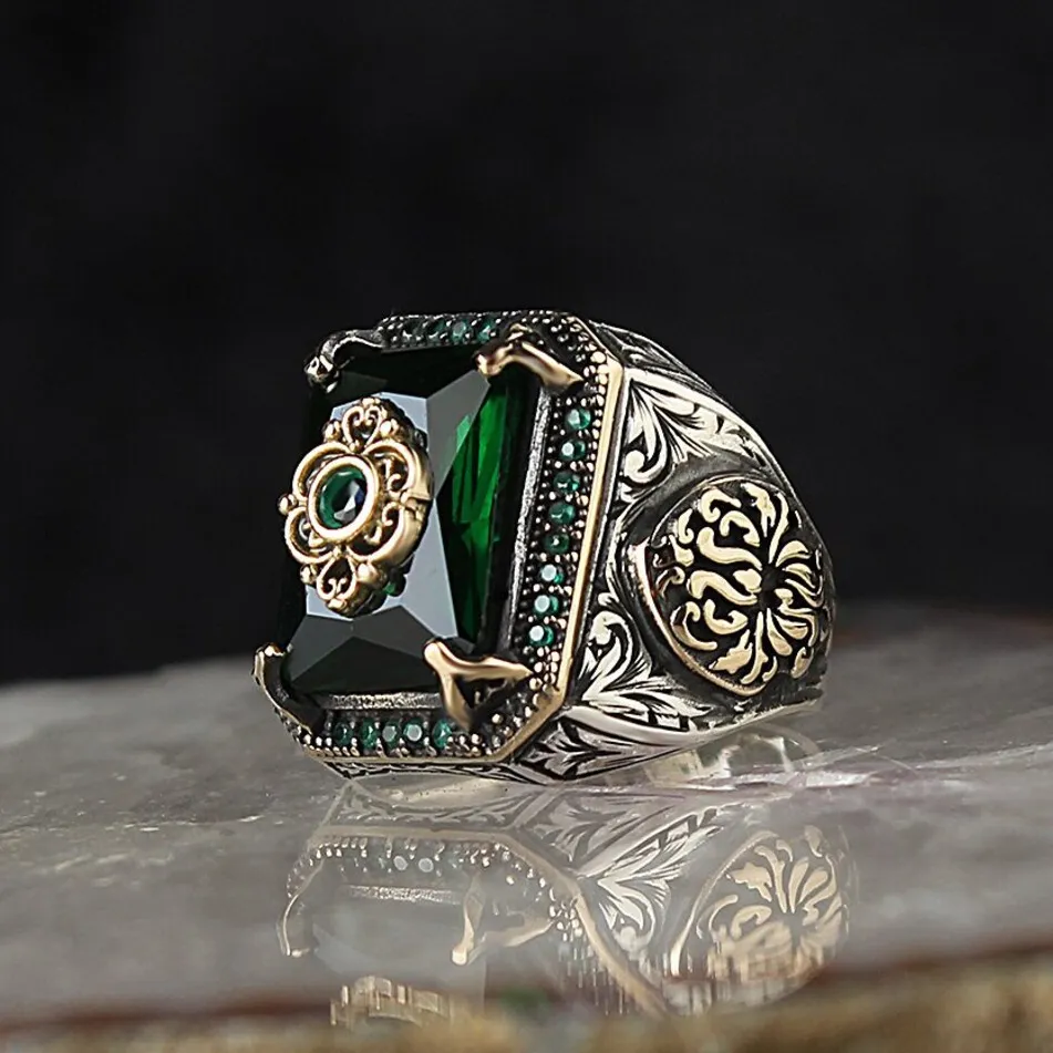 Türkischer Siegelring für Männer und Frauen, antikes Silber, geschnitzter Adler-Ring, grüner Zirkon-Inlay, Punk-Motorradfahrer-Ring