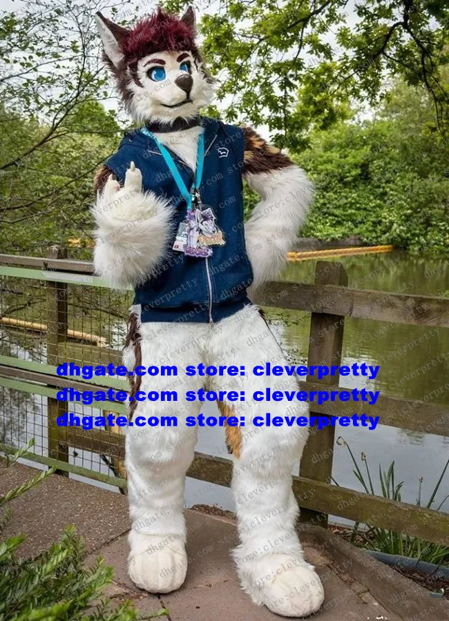 Lange pur harige mascotte kostuum bruin witte wolf husky dog ​​fox fursuit volwassen stripfiguur afscheid feest groepsfoto zx2892