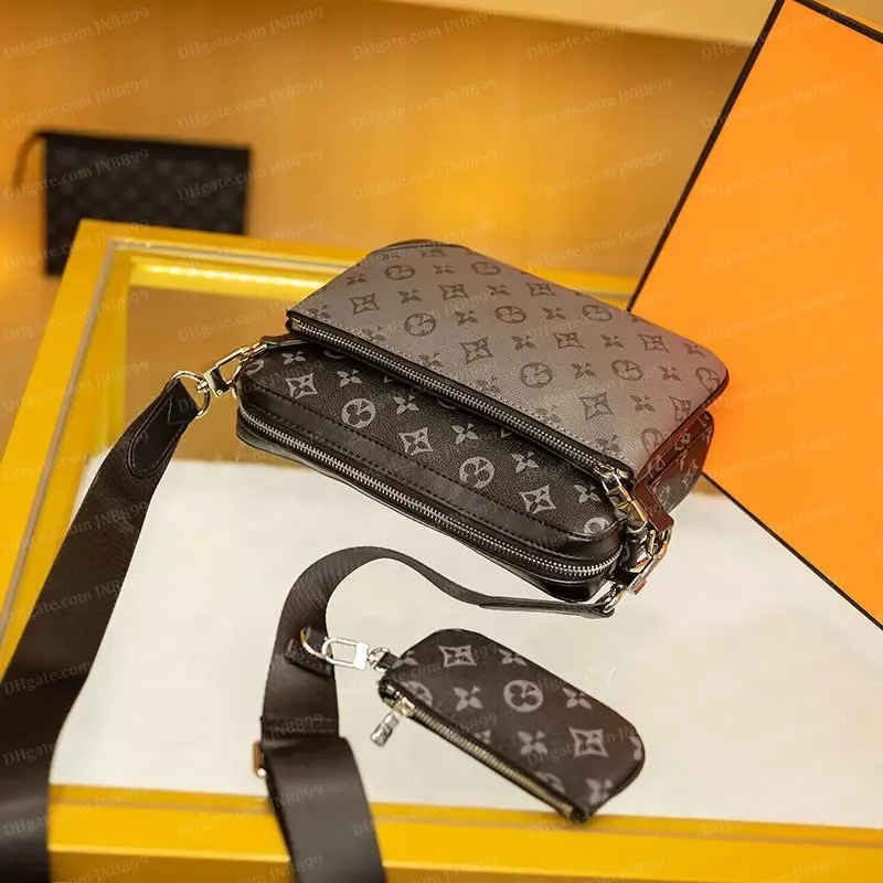 Designer Trio Leather Black Flowers Set: Mens Messenger