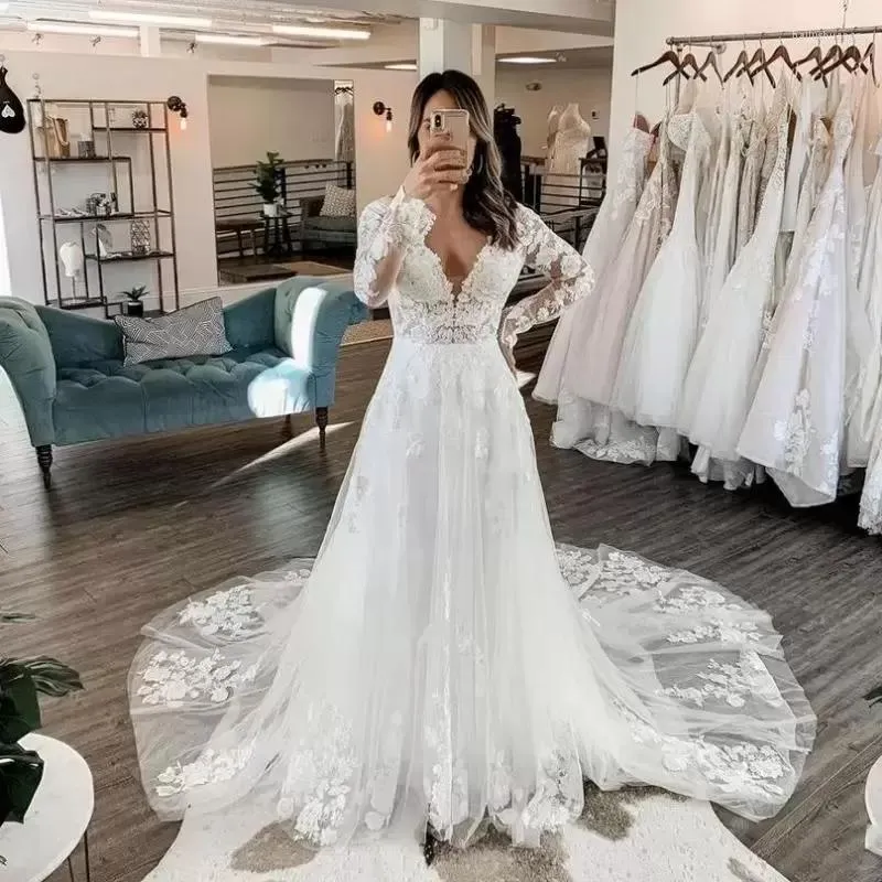 Wedding Dress Full Lace Dresses Vintage Long Sleeves Bridal Gowns Appliqued V Neck Zip Back Sweep Train Modest Vestidos De Novia