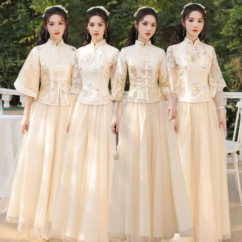 Этническая одежда китайская традиционная вышитая шампанская платье подружки невесты женщины 2022 весна осенний элегантный костюм банкет плюс размер