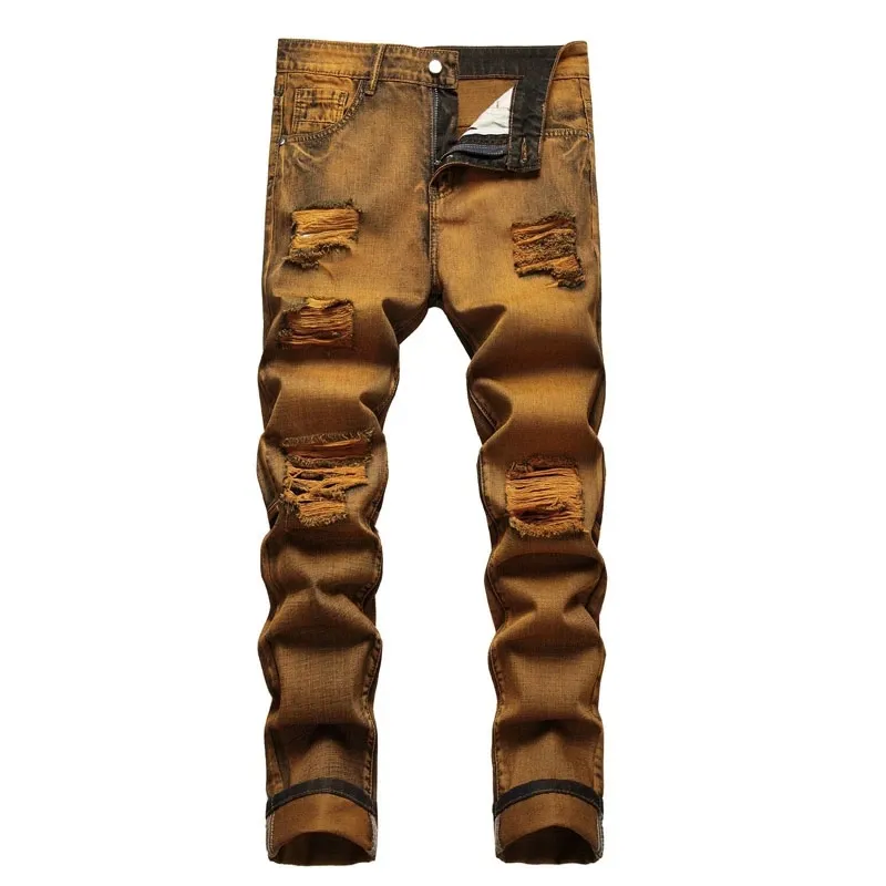 Jeans masculino casual designer de moda rasgado calças jeans de prolongamento masculino reto de gengibre amarelo vintage masculino