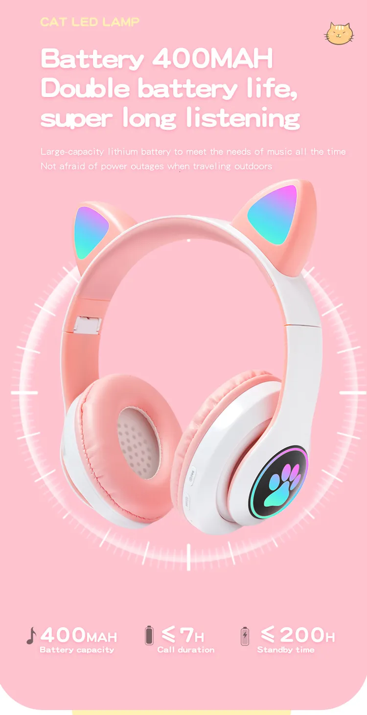 Cuffie auricolari per cellulare, cuffie wireless con luce flash, graziose orecchie di gatto con microfono, LED, cuffie stereo per musica da bambina, casco_voghion.com