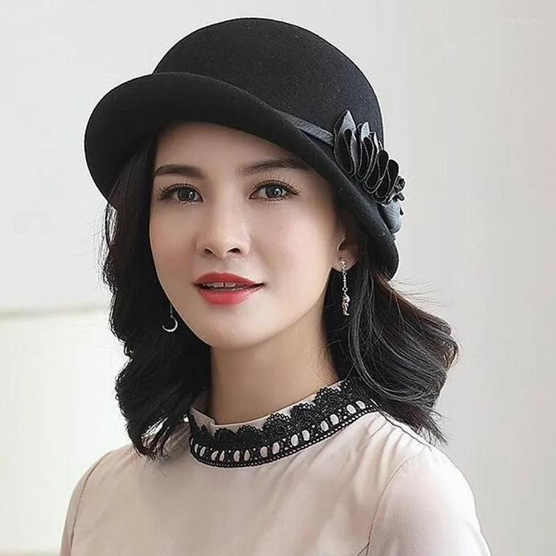 Berets Headwear Lady Banquet Formal Leather Bowknot Ribbon Fedora Hats Women Asymmetric Pure Wool Felt Hat