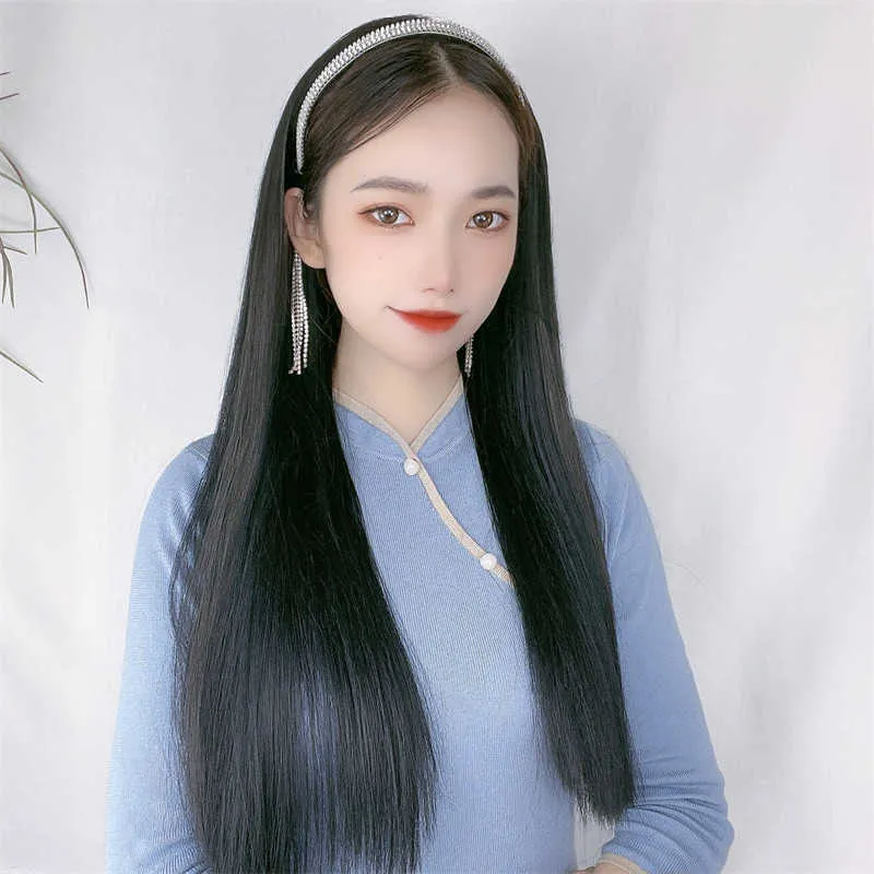 Women's Hair Wigs Lace Synthetic Women's Band Half Removable Black Long Straight Hair Wig Cap