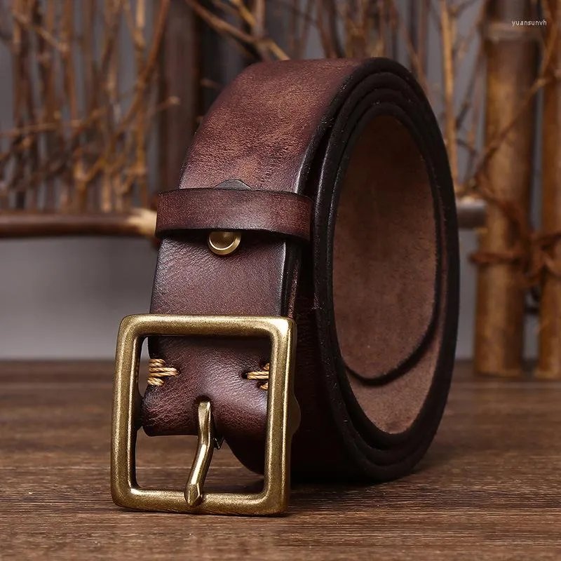 Belts Vintage Brass Belt Buckle Leather For Men Waist Retro Cowboy Jeans Genuine Cowskin Ceinture