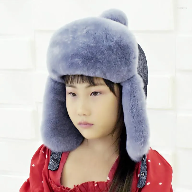 Cappelli Cappello caldo invernale per ragazze Natural Pompom Fur Bomber Ear Flap Cine Kids Real with Balls