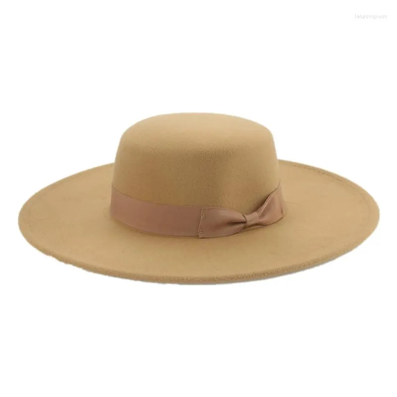 Bérets femmes chapeaux chapeau melon Fedoras large bord ruban plat bande nœud papillon Beige hiver dames robe formelle Fedora Sombreros