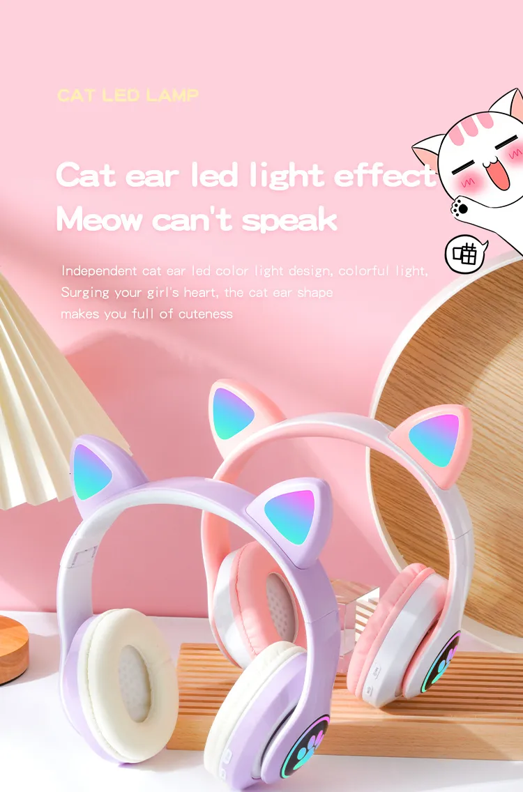Cuffie auricolari per cellulare, cuffie wireless con luce flash, graziose orecchie di gatto con microfono, LED, cuffie stereo per musica da bambina, casco_voghion.com