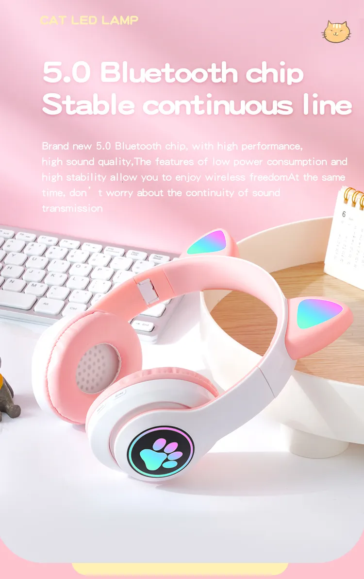 Cuffie auricolari per cellulare, cuffie wireless con luce flash, graziose orecchie di gatto con microfono, LED, cuffie stereo per musica da bambina, casco_voghion.com