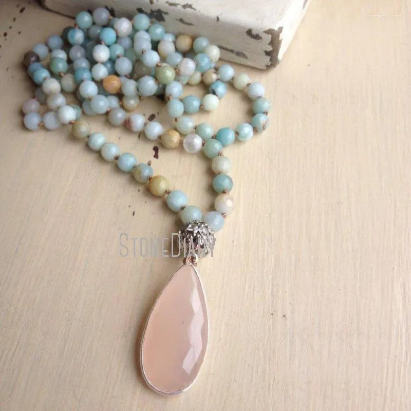 Pendant Necklaces NM15505 Luxe Glam Soft Blue Pink Amazonite Stone Hand Knotted Boho Style Glass Crystal Beach Long Necklace Jewelry