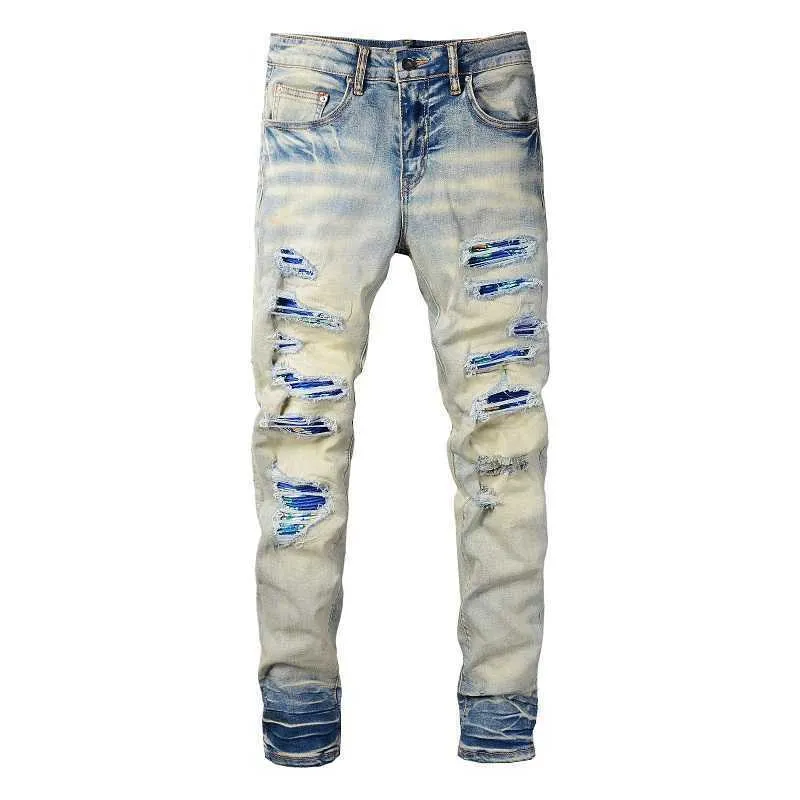 Jeans masculinos homens rachados azuis manchas de jeans de jeans rachaduras rush ripped retchwork calça jeans de jeans slim skinny t2221102