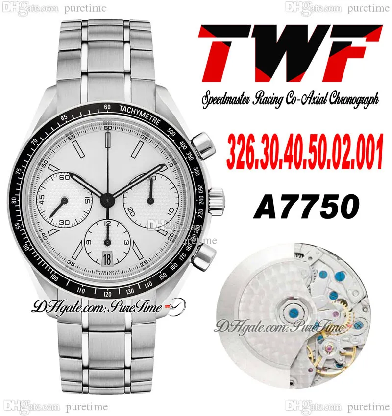 TWF Racing Master A7750 Automatisk kronograf Mens Watch ETA Black Tachymeter Bezel White Dial Rostfritt Steel Armband 326.30.40.50.01.002 Super Edition Puretime F6