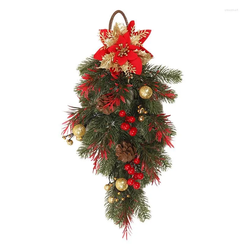 Decorative Flowers Christmas Wreath Artificial Poinsettia Flower With Pine Cones Red Berries Merry Window For