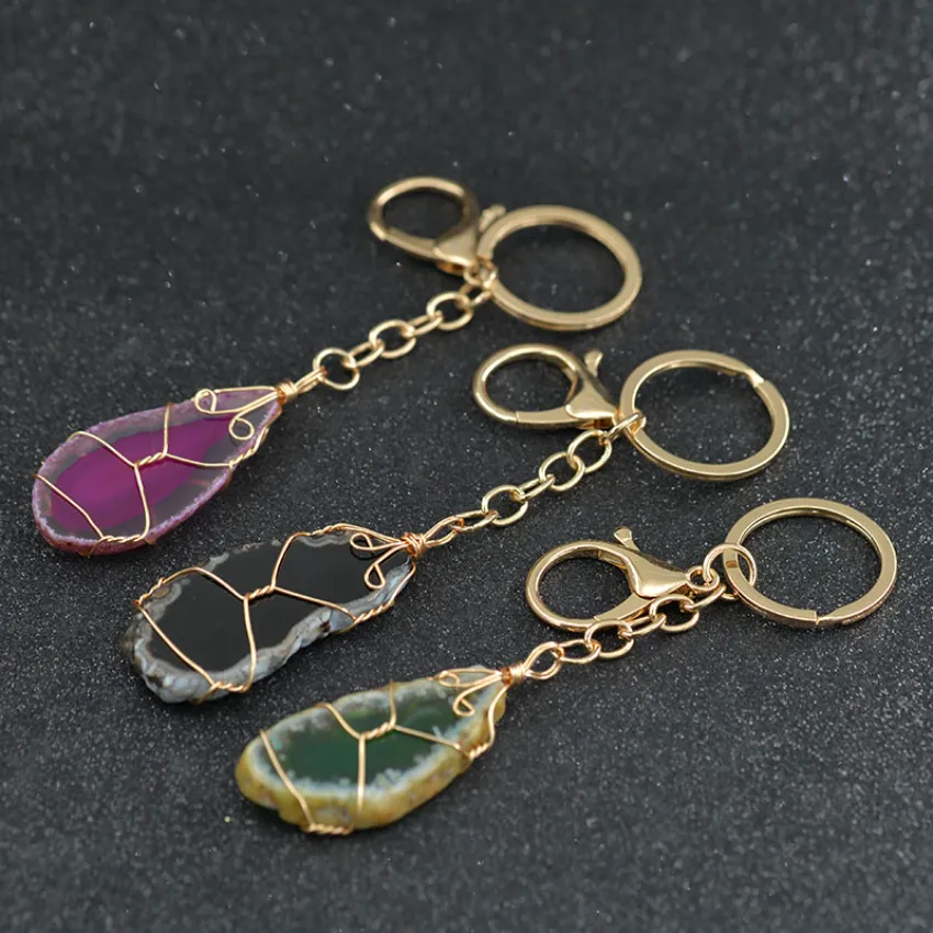 Gold Wire Wrap Key Rings Diy Raw Natural Stone Agaat Helende Crystal Keychain Bag Hangende voor vrouwen mannen Fijne mode sieraden