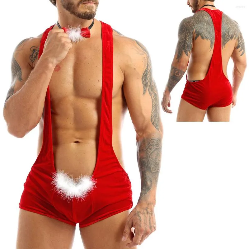 MUITAS MEN MEN RED VELVET VELVET REDIMENTO RECIMENTO PANTA COSPLAY FANTE COSTO SINGLET Sexy mankini boxeador com bowtie masculino natal