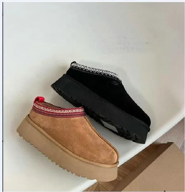 Australien Frau Schneeschuh Designer echtes Leder faule Fellstiefel Dicke untere Winterplattformen Schuhe Slip-on warme Stiefelkastanien Schwarz