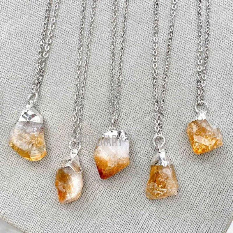 Pendant Necklaces NM36591 Raw Petite Citrine Nugget Silver Plated Necklace November Birthstone Rough Ombre Charm