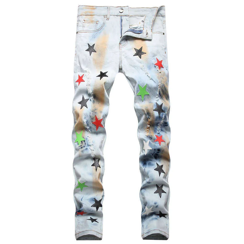 Erkek kot pantolon yıldız yamalar streç kot kot sokak giysisi kravat boya deri patchwork pantolon yırtılmış sıkıntılı ince düz pantolon t221102