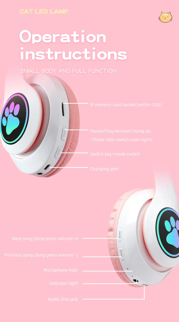 Cuffie auricolari per cellulare, cuffie wireless con luce flash, graziose orecchie di gatto con microfono, LED, cuffie stereo per musica da bambina, casco_voghion.com