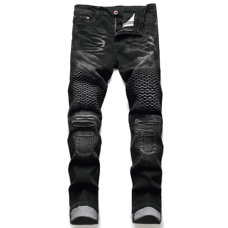 Men's Jeans Coated Straight Pleated Biker Jeans Male Motorcycle Denim Pants Vaqueros Hombre Plus Size