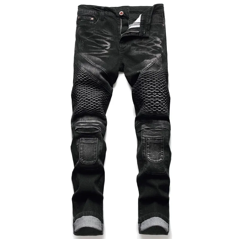 Herren Jeans Beschichtete Gerade Plissee Biker Jeans Männliche Motorrad Denim Hosen Vaqueros Hombre Plus Größe