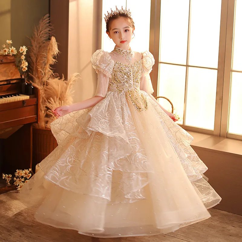 Gold Flower Girl Dresses Jewel Neck Ball Gown Lace Appliques Beads Sequined Kids Girls Pageant Dress Sweep Train Birthday Prom Gowns 403