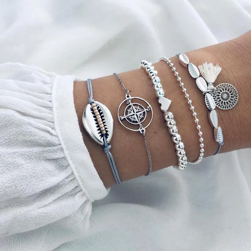 Link Bracelets 5 Pcs/Set Women Fashion Shell Compass Heart Beaded Hollow Geometry Tassel Silver Color Bracelet Set Bohemian Charm Jewelry