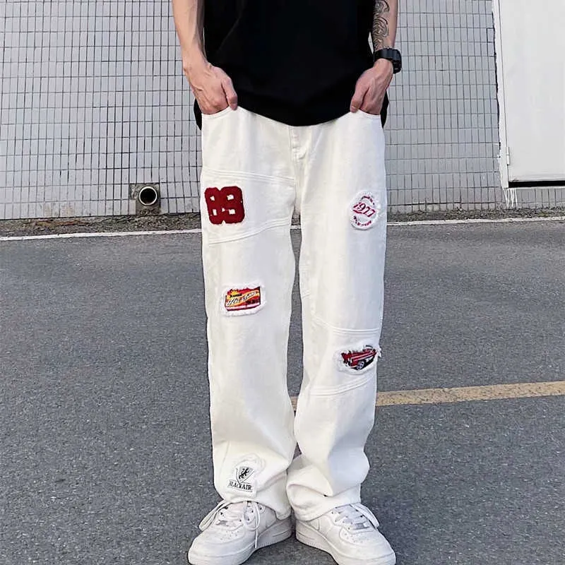 Men's Jeans Vibe Patch Embroidery White Hip Hop Men Cargo Jeans Pants Y2K Clothes Multiple Pockets Straight Baggy Long Trousers Ropa Hombre T221102