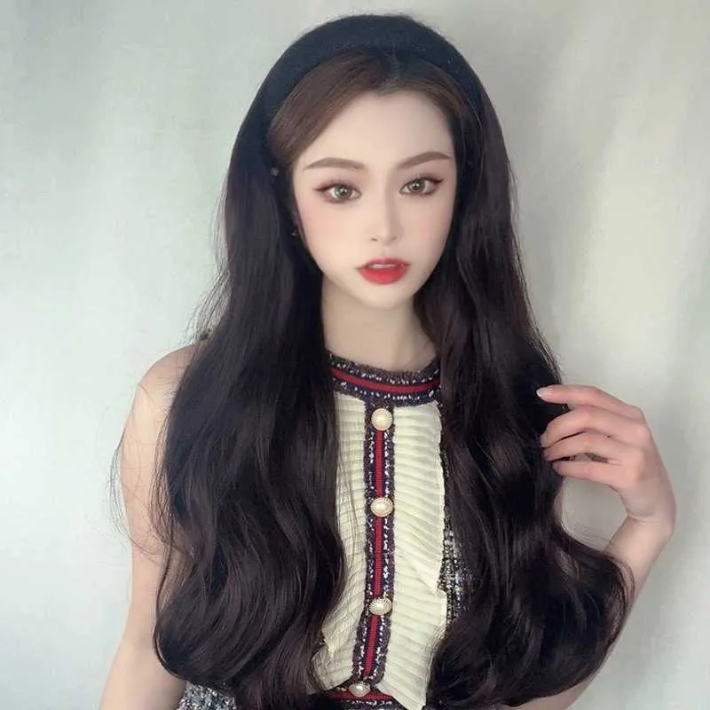 Women's Hair Wigs Lace Synthetic Hoop Female Black Chemical Fiber Head Cover Mh Red Wool Roll Medium Long Hair No Trace Wig Piece